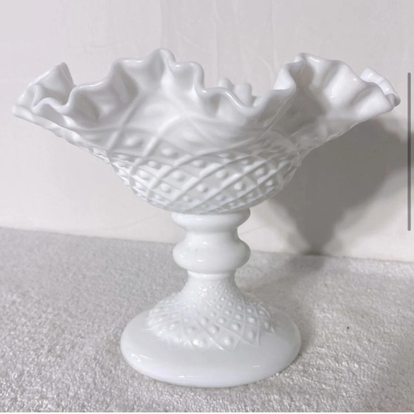 Vintage Fenton Milk Glass Hobnail Ruffle Edge Pedestal Compote Candle Holder - Picture 5 of 15